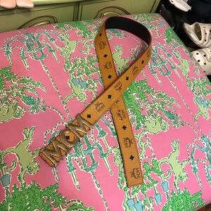 MCM Cognac Leather Logo Belt with Gold Buckle